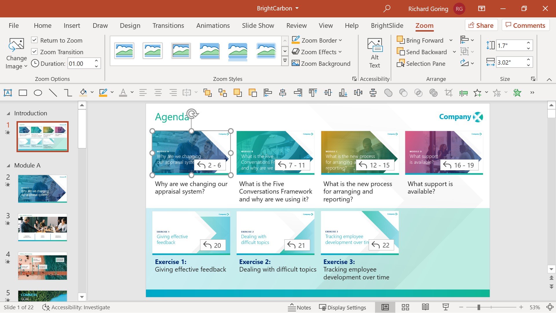PowerPoint screenshot showing the PowerPoint Zoom link tab open in the ribbon. 