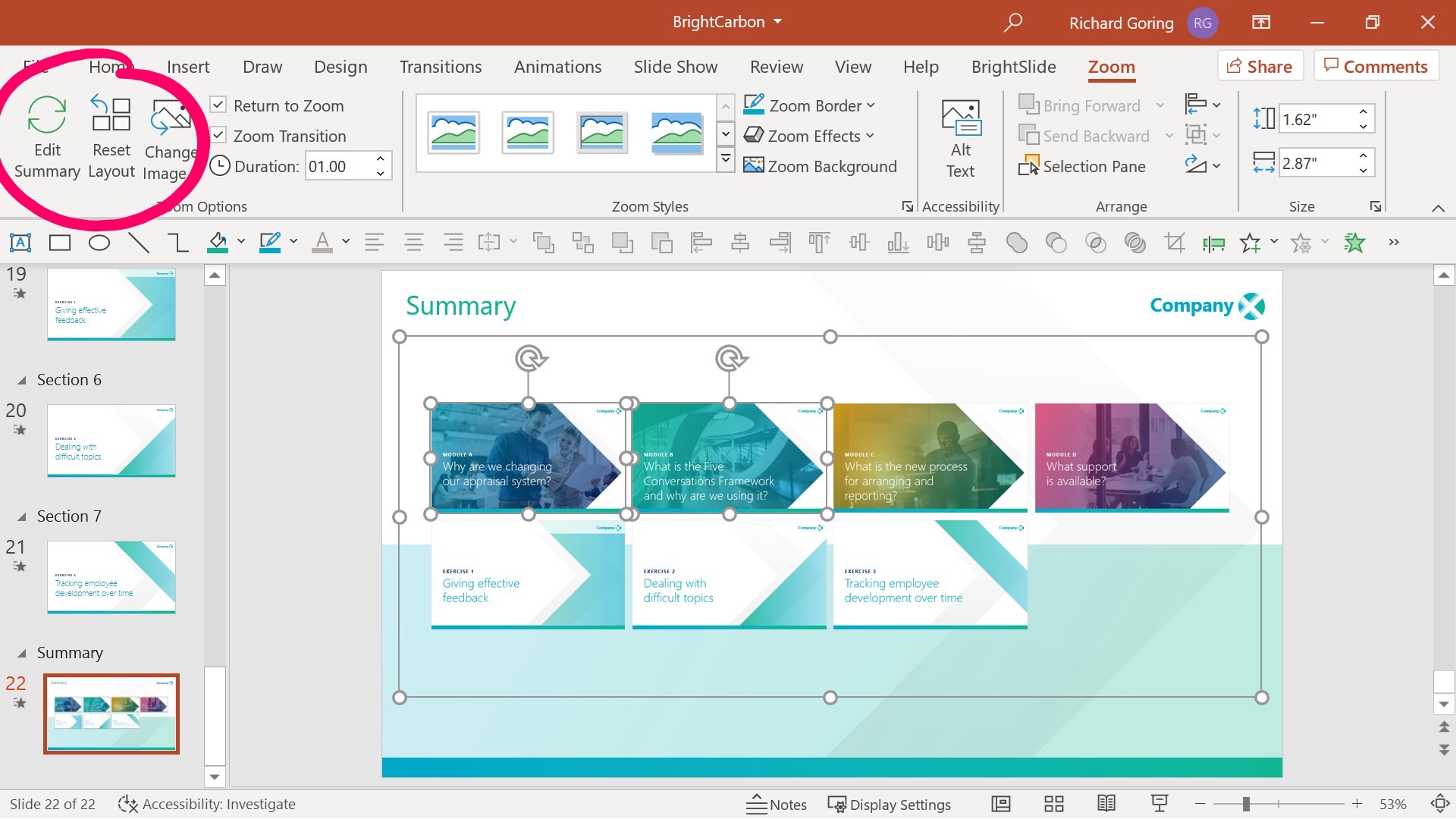PowerPoint screenshot with the Edit Summary and Reset Layout functions circled in the Zoom tab