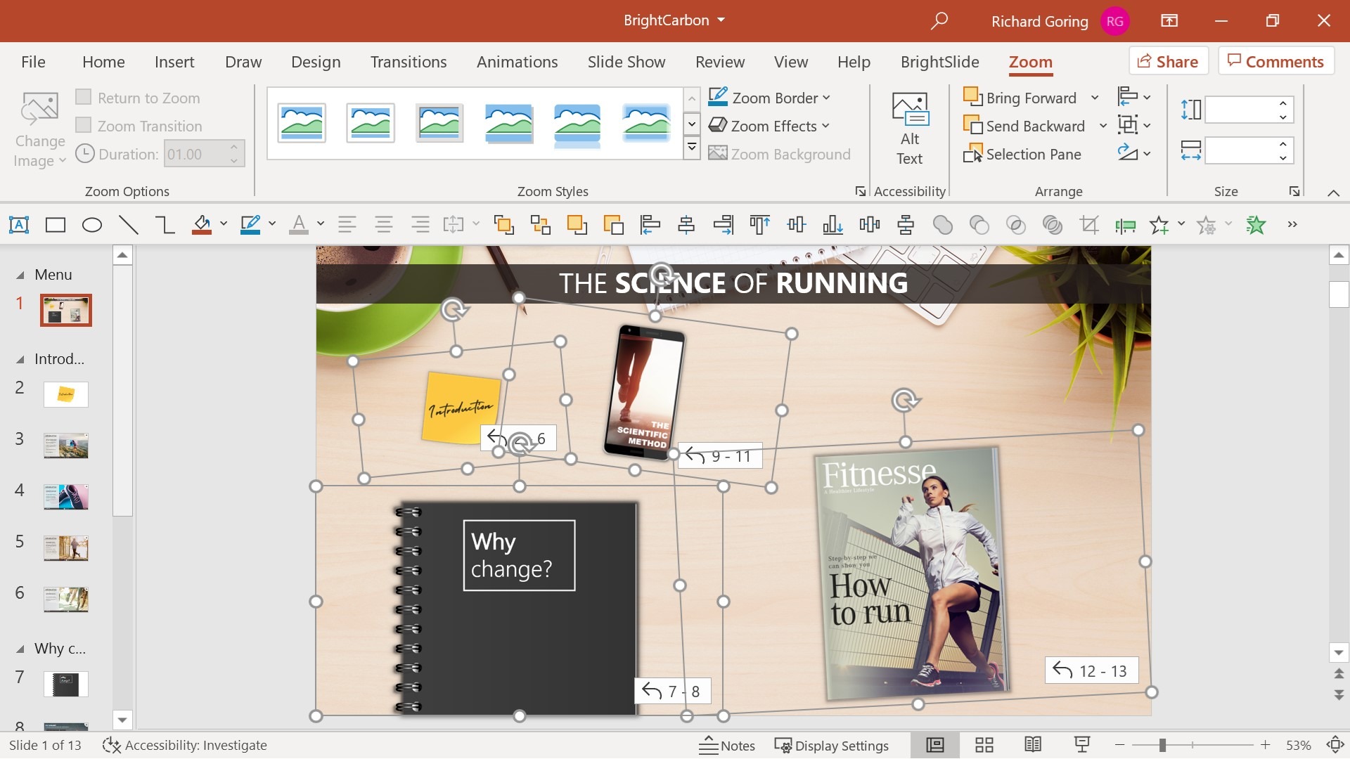 Screenshot showing PowerPoint Zoom links placed on a slide. The background of the slide is a desk and the Zoom links are designed to look like items on the desk: a magazine, a note book, a phone, and post it notes. 