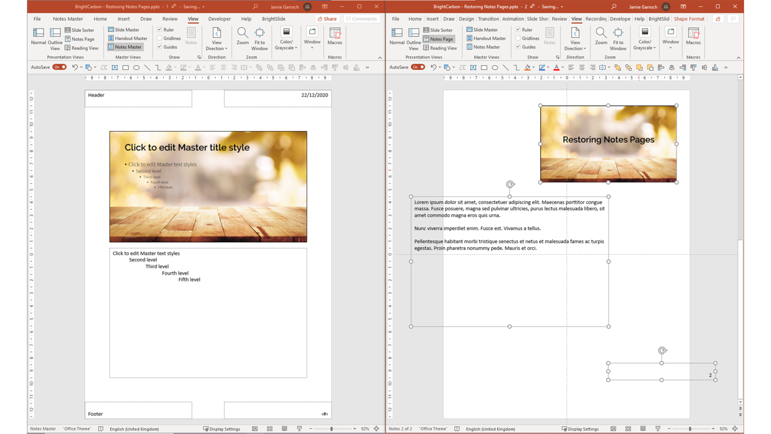 Screenshot showing two PowerPoint windows. On the left is the Notes Pages Master and on the right is a Notes Page with the text box and slide number hanging off the slide