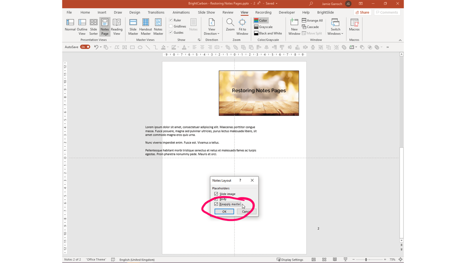 Screenshot of a PowerPoint Notes Page with the Notes Layout pop up window. Reapply master is selected.