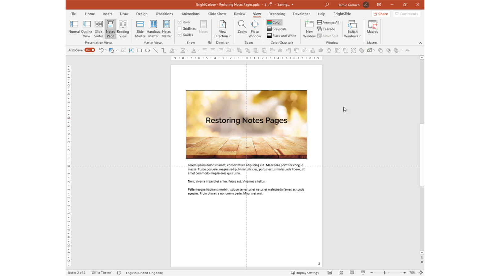 Screenshot showing a PowerPoint Notes Page with all the placeholders in the correct position.