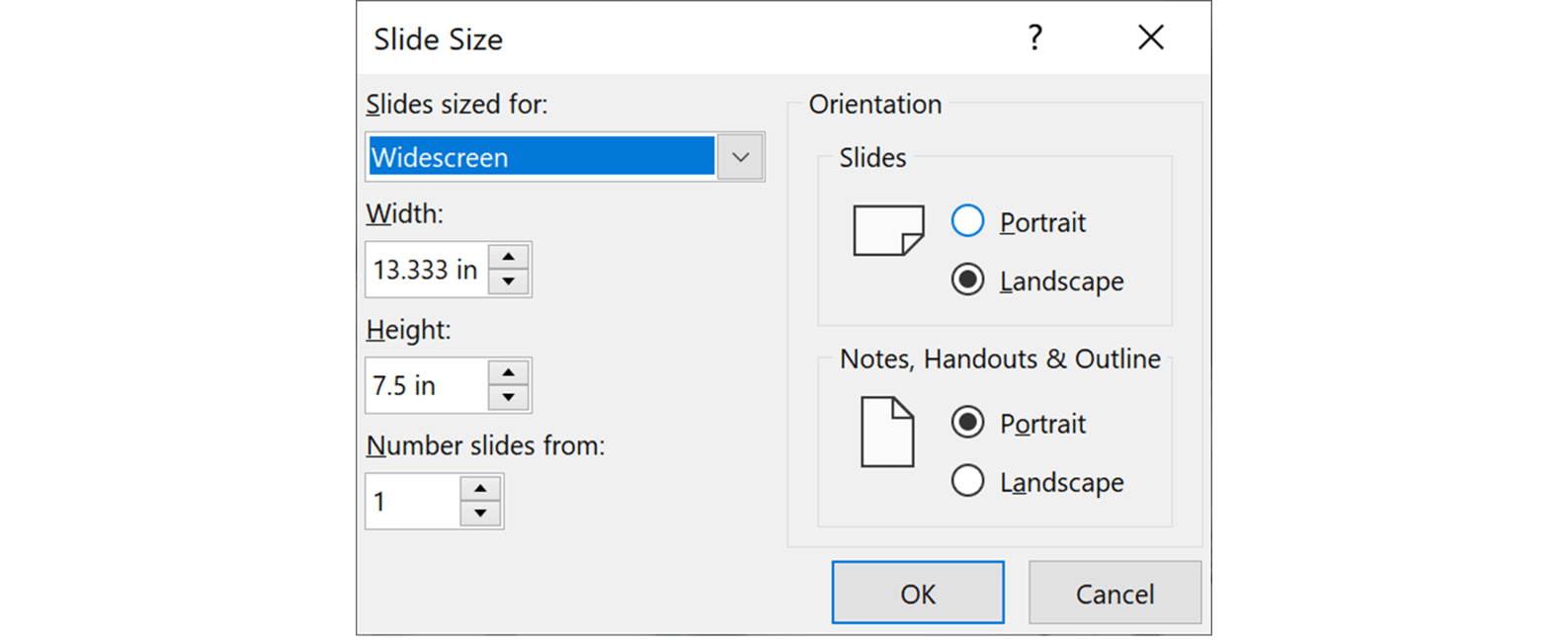 screenshot of PowerPoint slide size pop up window