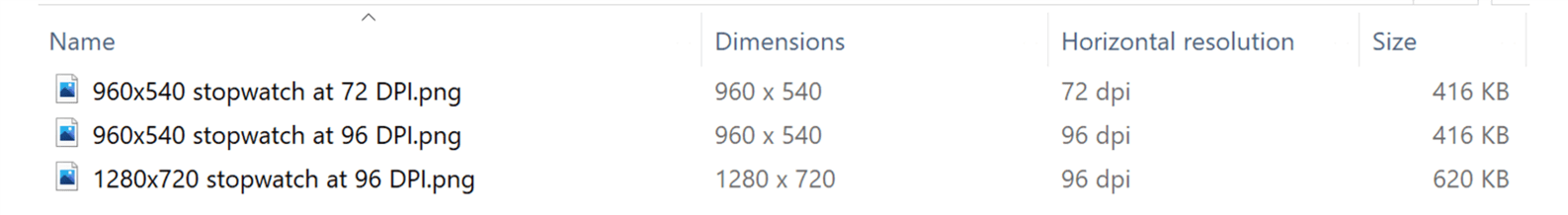 screenshot of picture sizes in Windows Explorer