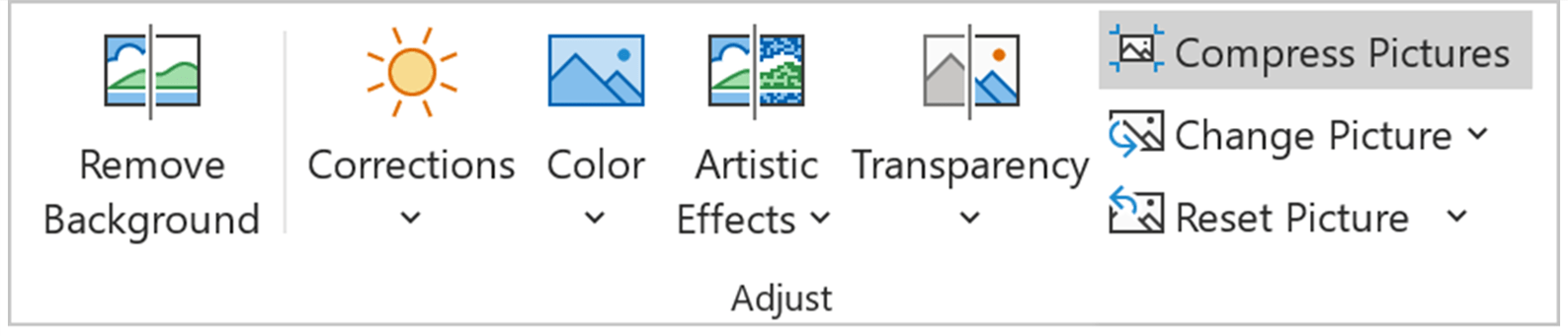 powerpoint slide size photoshop in pixels screenshot of PowerPoint Format Picture tab Adjust group