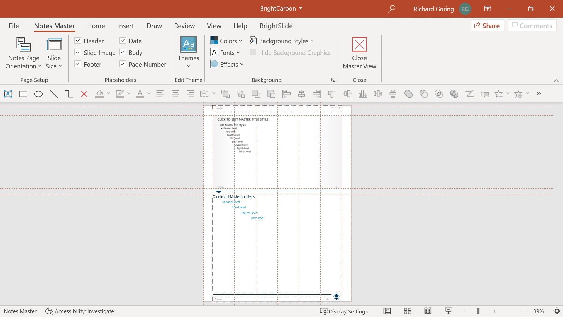 Screenshot of PowerPoint showing the PowerPoint Notes Master.