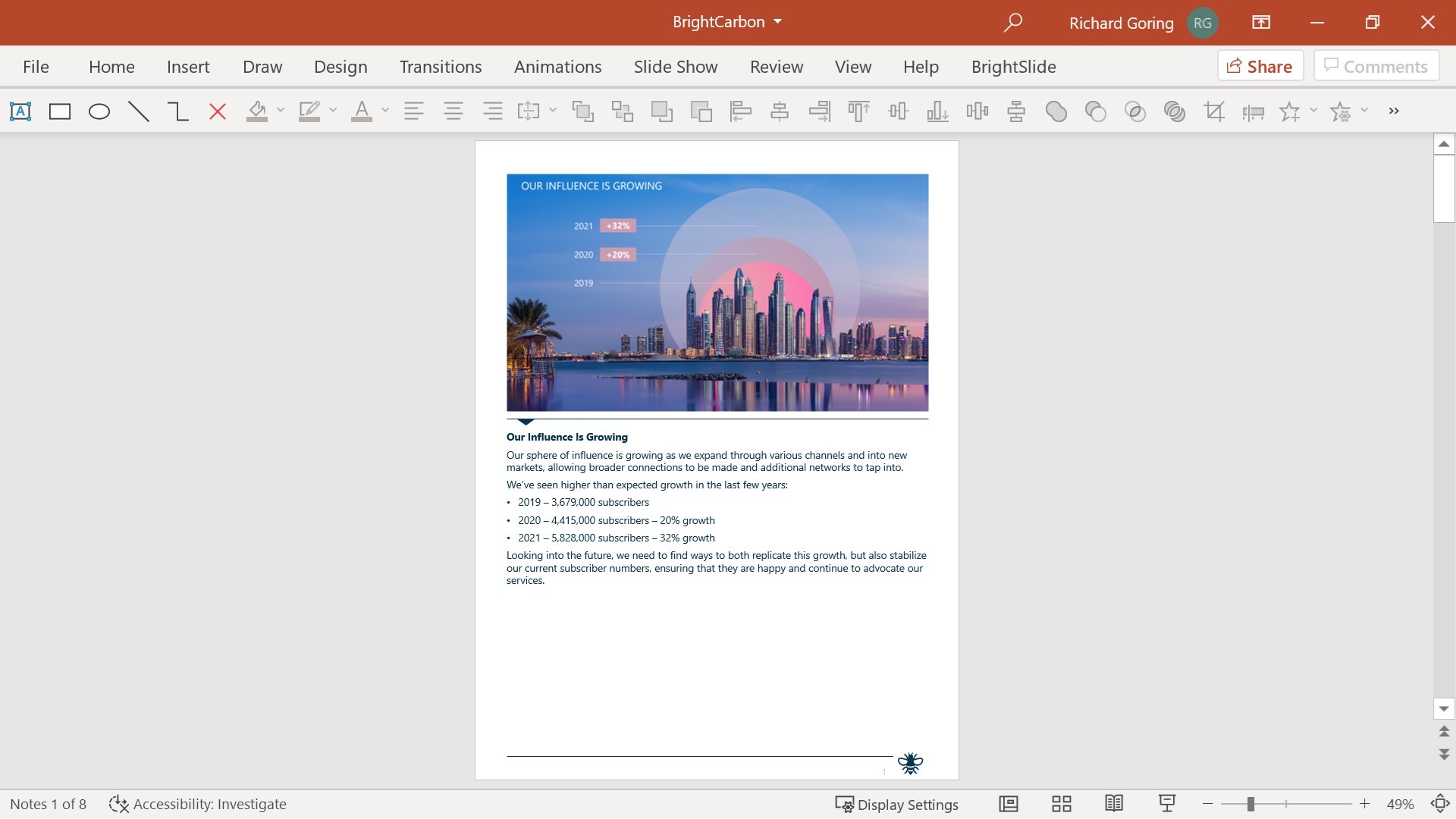 Screenshot of PowerPoint showing a notes page with a thumbnail of a slide and notes below. The notes are well-formatted. 