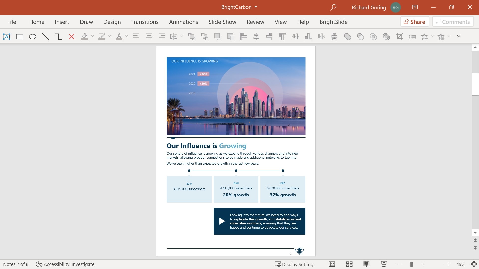 Screenshot of PowerPoint with the same notes page as the previous screenshot. However, the plain text notes have been replaced by custom content. The content is organized with care and thought to hierarchy with visuals.