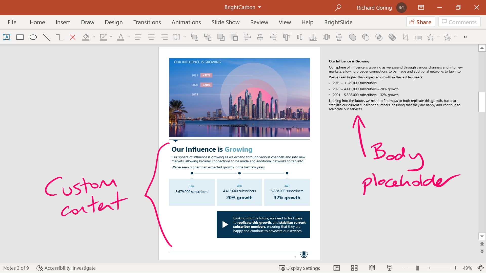 PowerPoint screenshot showing the same notes page as previous screenshot with custom content on the slide annotated with the label 'Custom Content'. To the right of the page there is a Body Placeholder with plain text in labelled 'Body Placeholder'. 