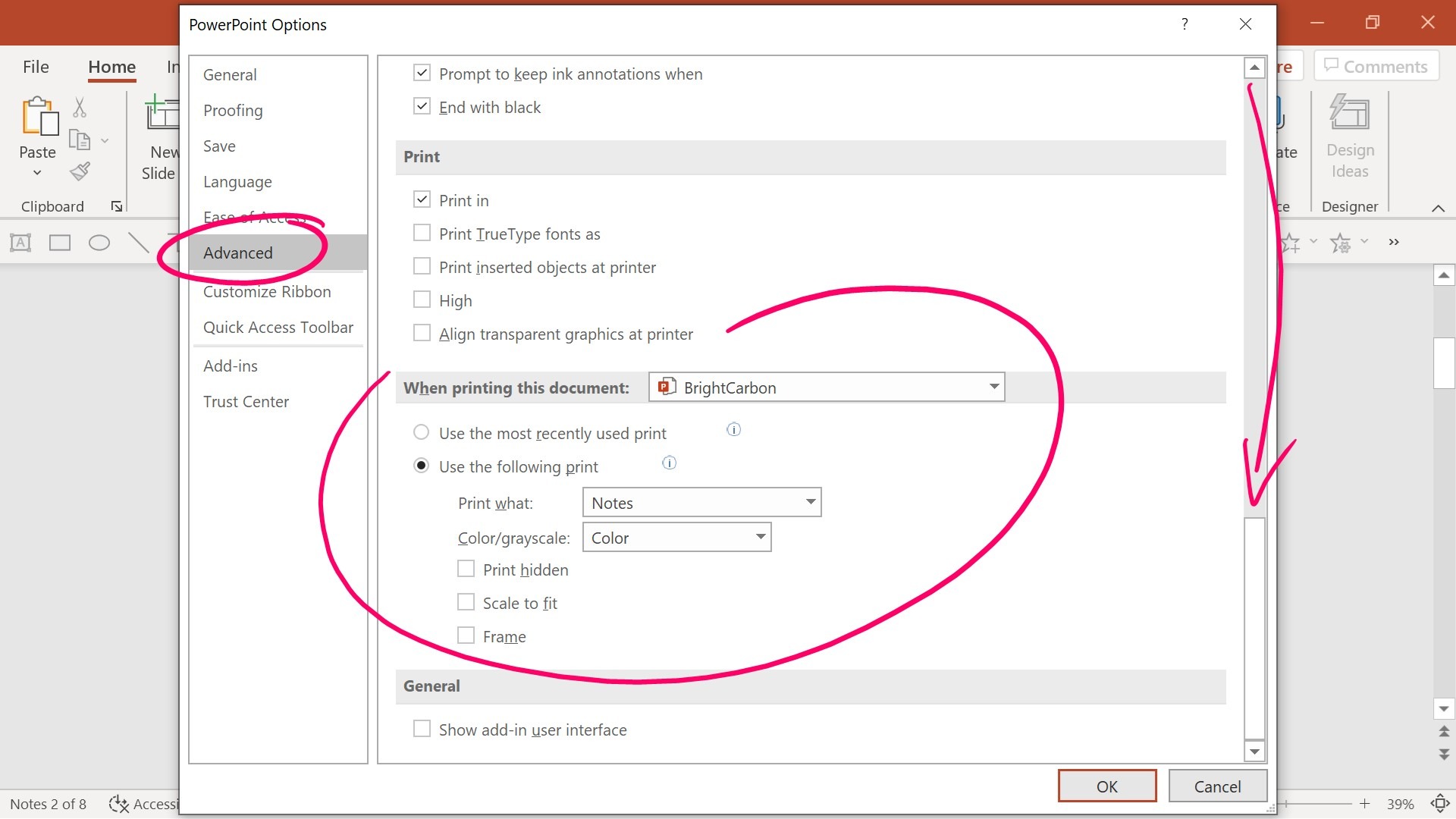 Screenshot of the PowerPoint Options pop up window. "Advanced" is selected from the left hand menu. An arrow annotation shows you must scroll to the bottom of the Advanced options to find the "When printing this document:" options. "Use the following print" is selected. 