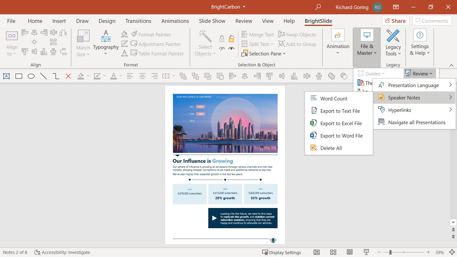 Screenshot of PowerPoint Notes Pages view. The BrightSlide tab is open and the File & Master options open. under 'Review' 'Speaker Notes' is selected. A drop down menu of the Export Speaker Notes options is viewable. The options are: Export to Text Files, Export to Excel File, Export to Word File and Delete All. 