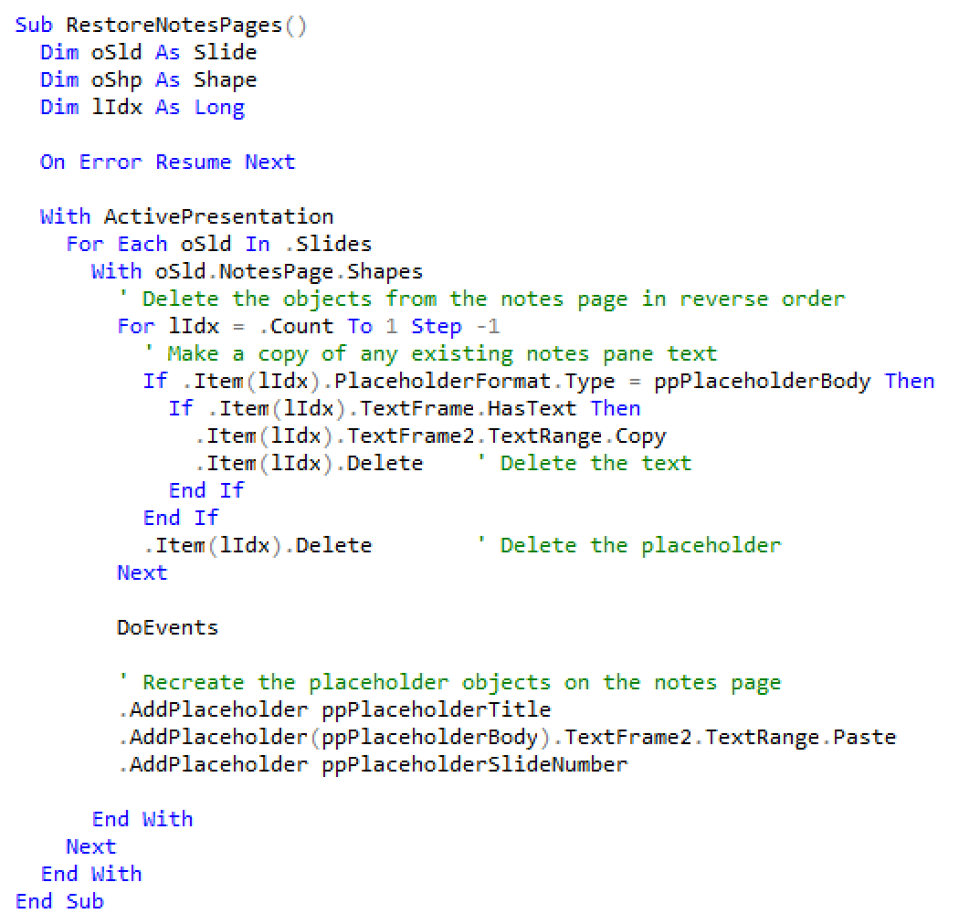 Screenshot of VBA to restore notes pages