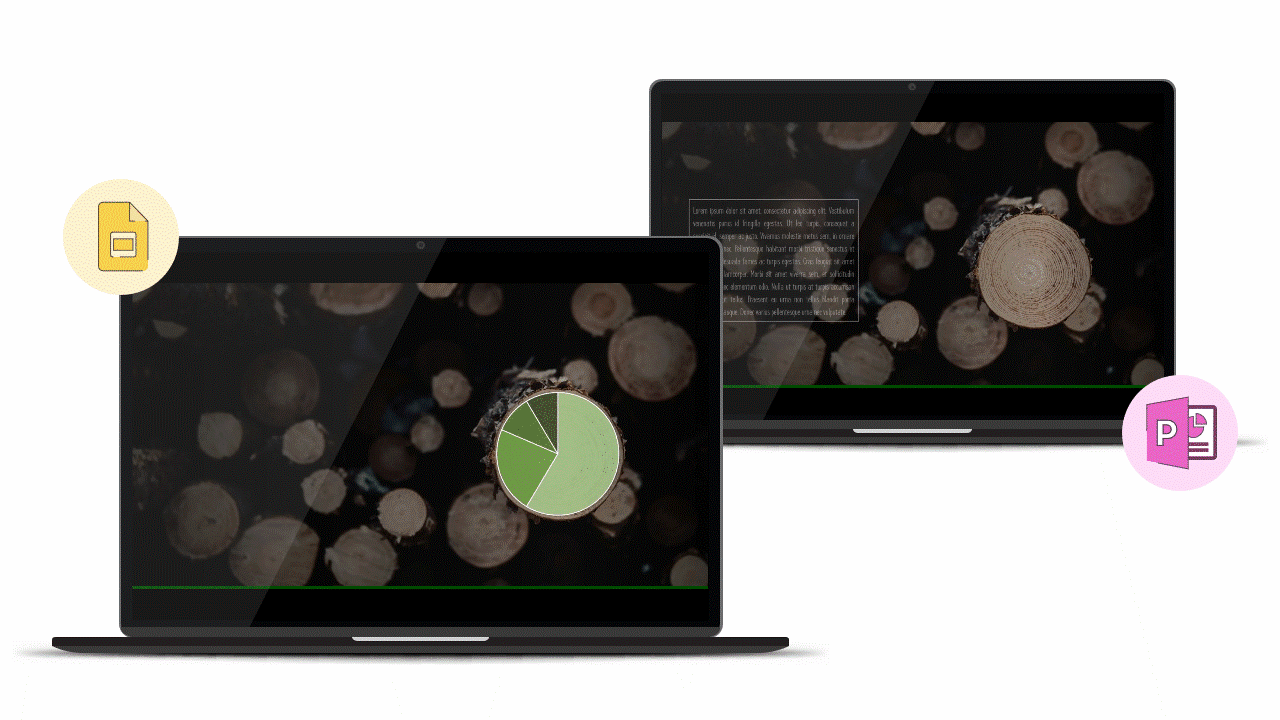 GIF Showing two animating slides. The original slide in PowerPoint shows a text box on the left with a pie chart on the right. The pie chart animates in section by section with labels. The same slide in Google Slides shows a text box on the left but the font size has increase so the text is spilling over the edge of the box. There is a pie chart on the right but on the section labels animate in one-by-one. The pie chart itself has lost all animation effects. 