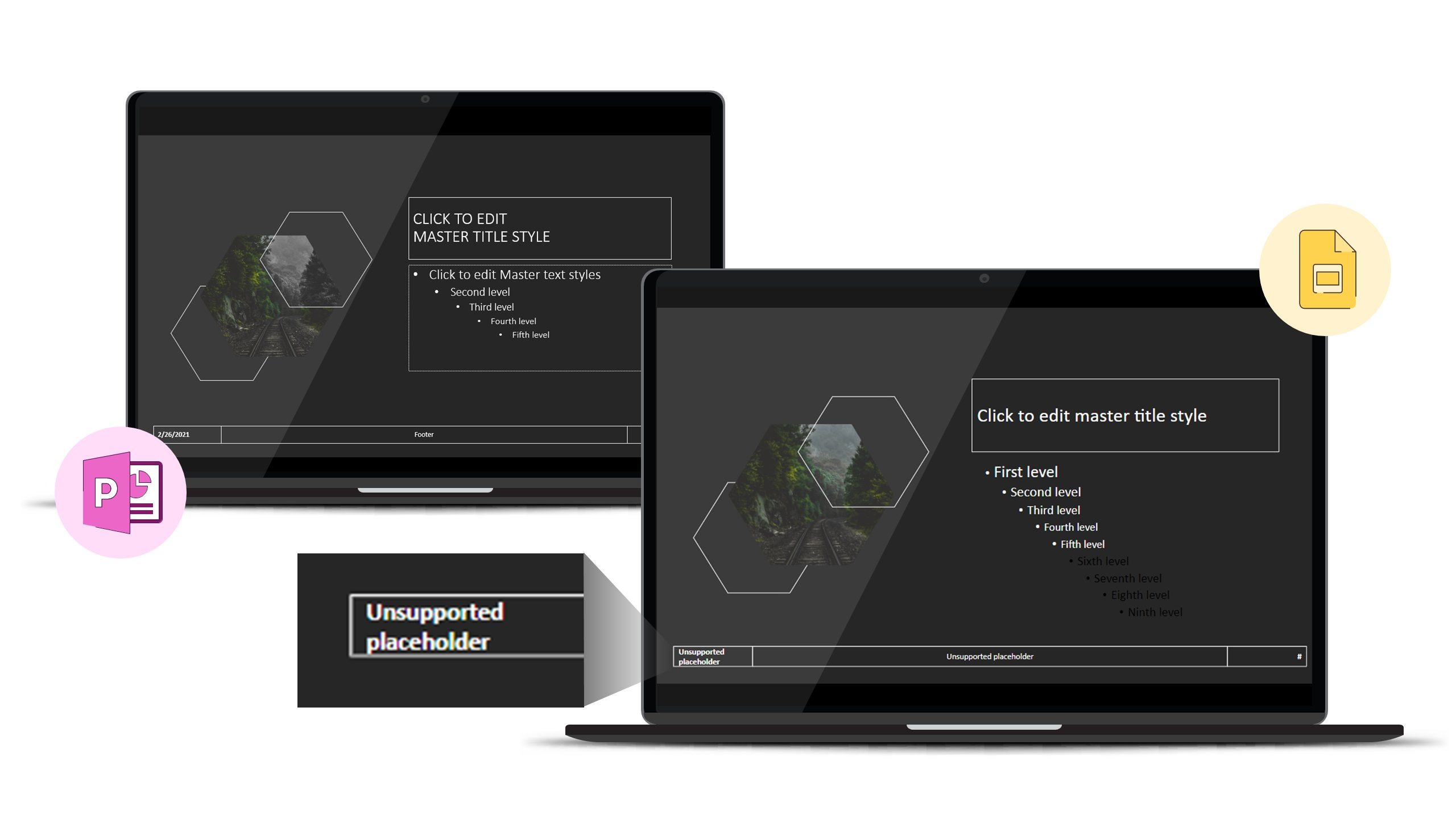 Two slides sit next to each other, a PowerPoint slide and the same slide open in Google Slides. The slides show PowerPoint placeholders (Title, text box, date, footer, page number). The formatting has been altered in the conversion to Google Slides. And we can see that the PowerPoint Date placeholder has been labelled as an 'Unsupported placeholder' in Google Slides. 