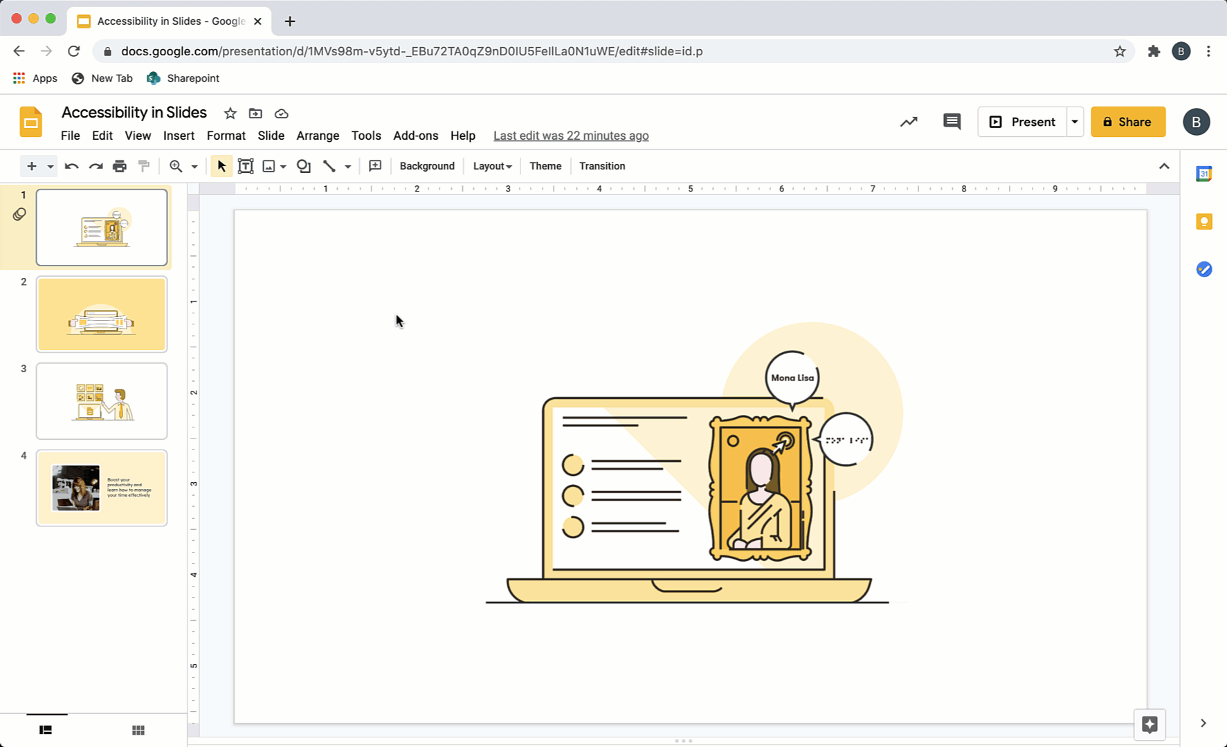 Screen recording showing the accessibility checker in action in Google Slides