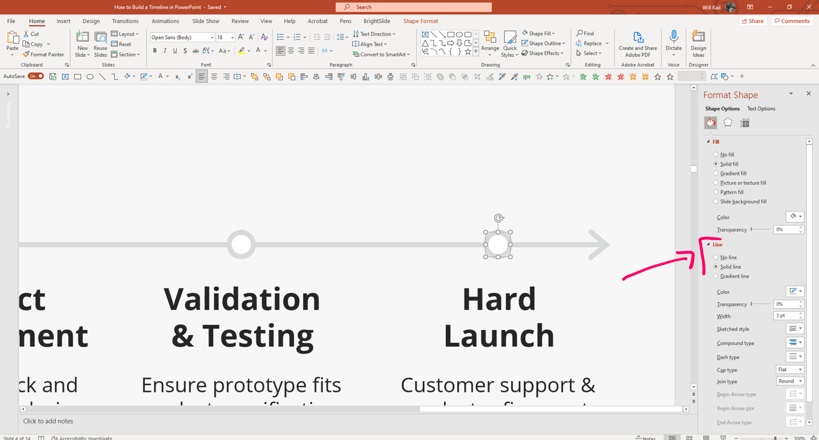 Annotated screenshot of previous PowerPoint slide, zoomed in to the line with small circled placed on the line above each event heading. One circle is selected, the Format Shape pane is open and Solid line option is highlighted.