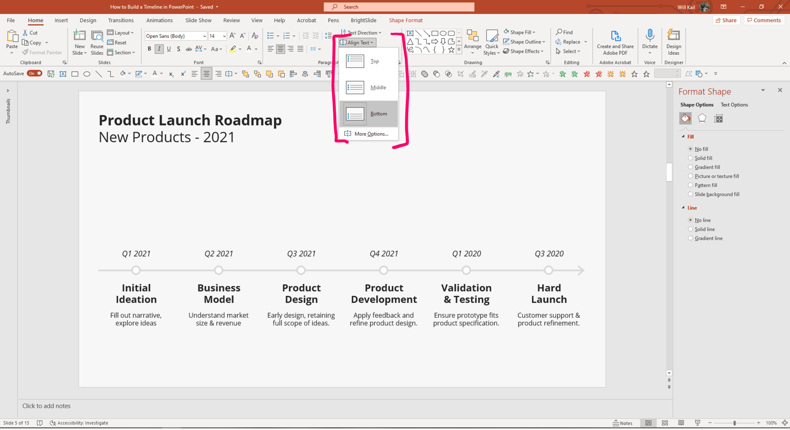 Annotated screenshot of PowerPoint with Home tab open and the Align Text drop down menu open. The "Bottom" option is highlighted.