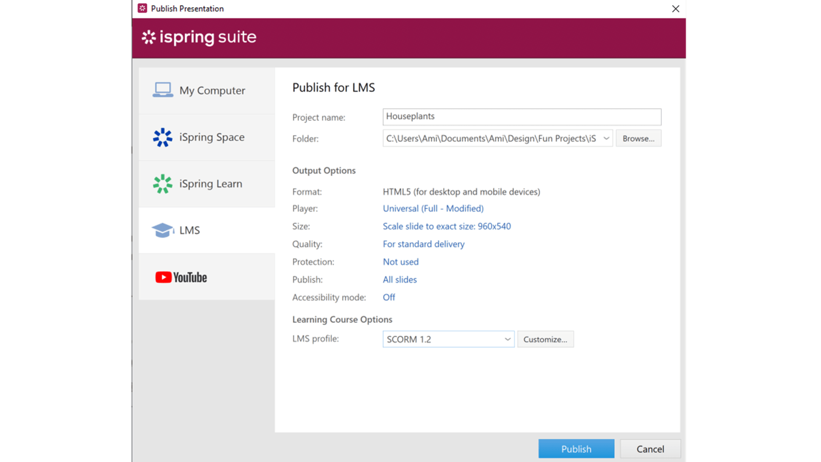 Screenshot of iSprings Publish Presentation window