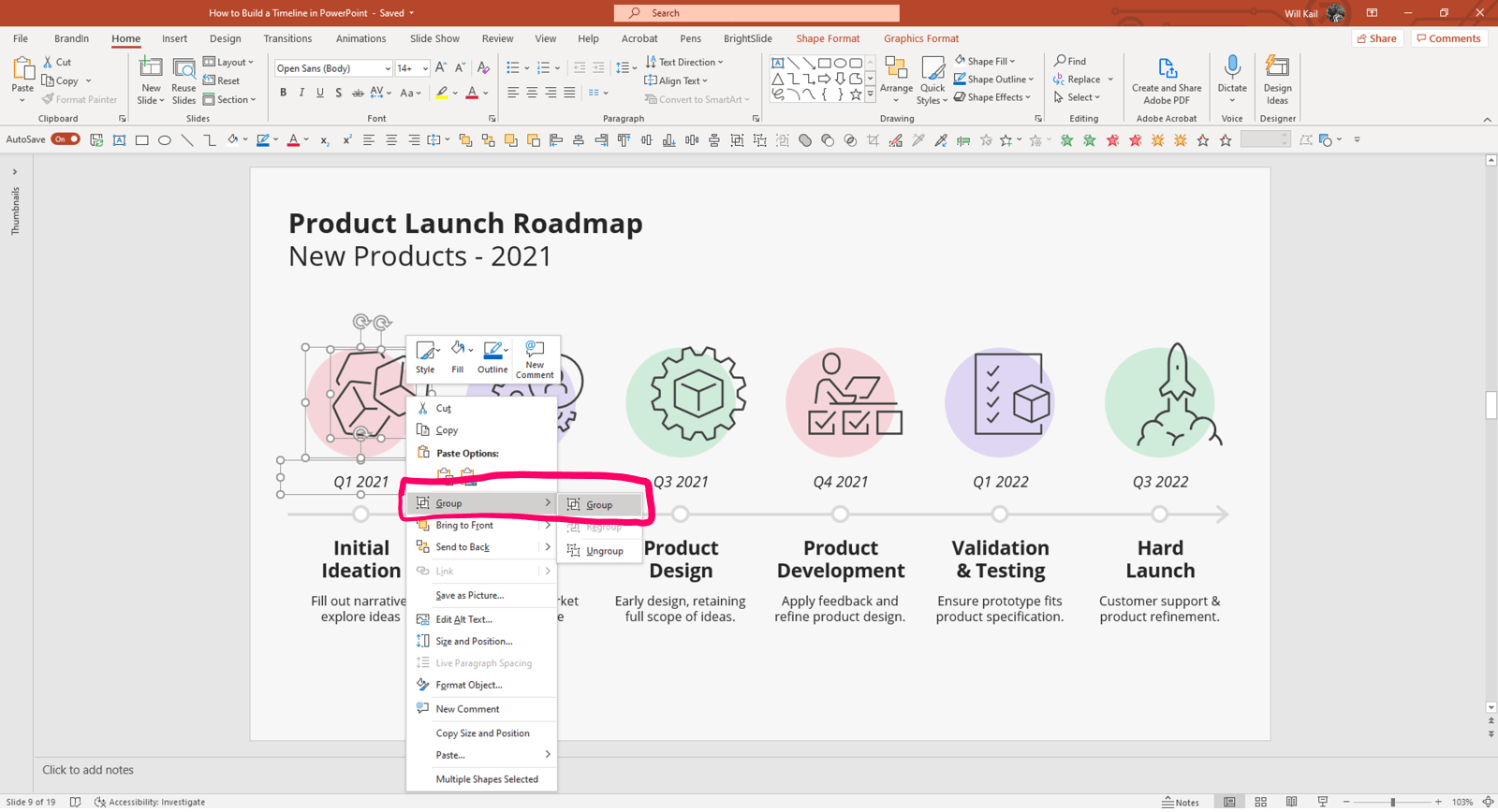 Annotated screenshot of PowerPoint timeline in edit mode. The shape, icon and text box of the first event are selected and the right click menu is open. The "Group" option is highlighted.