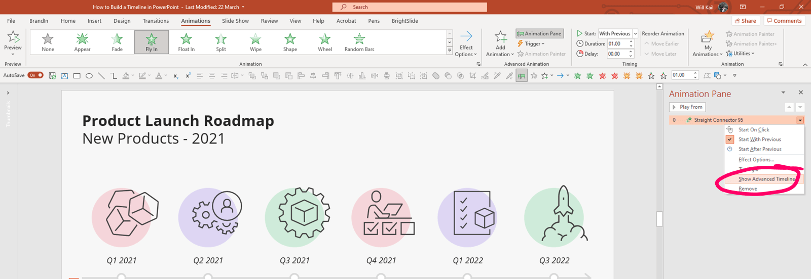 Annotated screenshot of PowerPoint timeline slide in edit mode. The Animation Pane is open, an animation is selected and the right click menu is open. The "Show Advanced Timeline" option is highlighted.