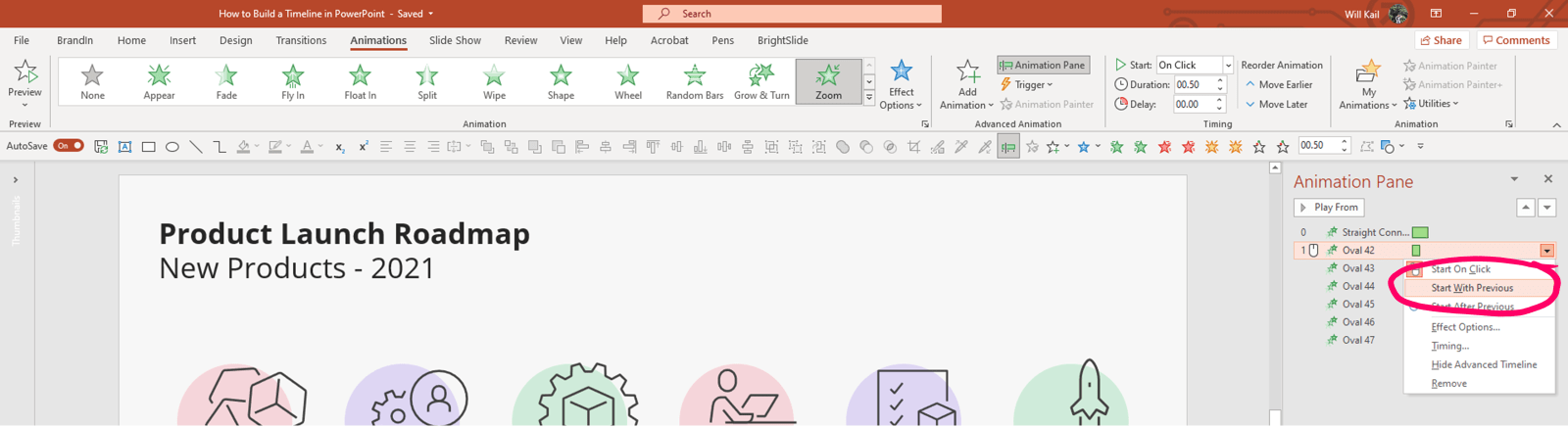 Annotated screenshot of PowerPoint timeline slide in edit mode. The Animation Pane is open, an animation is selected and the right click menu is open. The "Start With Previous" option is highlighted.