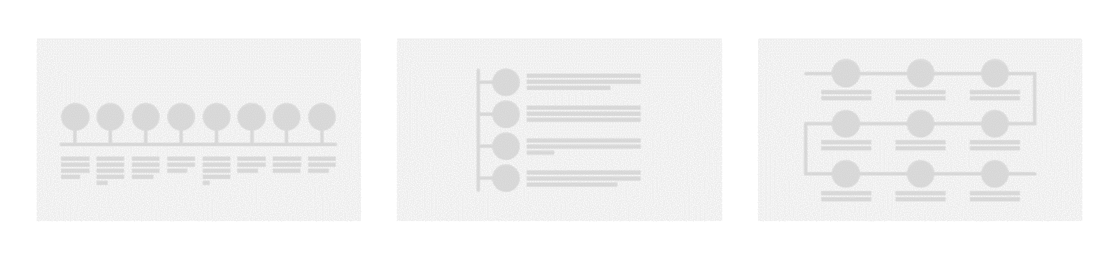 Three graphics showing three types of timeline: horizontal across the slide, vertical down the slide and free flowing, the timeline move left to right, the right to left in one flowing line.