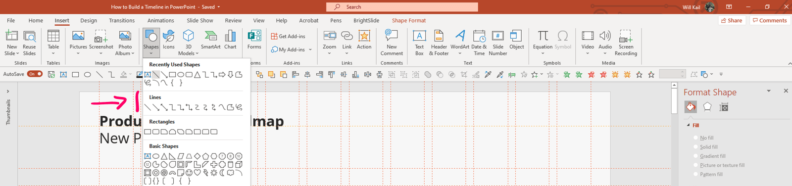 Screenshot of PowerPoint showing where a user can insert a Line. 