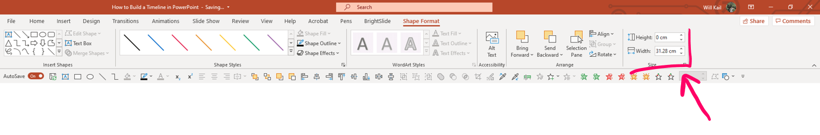Annotated screenshot of PowerPoint Shape Format tab with the Size options circled. 