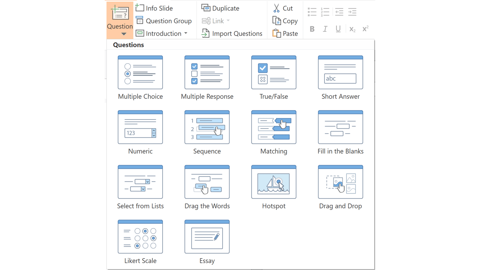 Screenshot of iSprings question menu