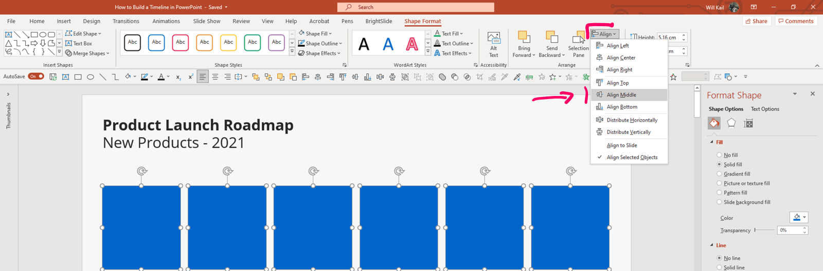 Annotated screenshot of PowerPoint Shape Format tab with the alignment options circled.