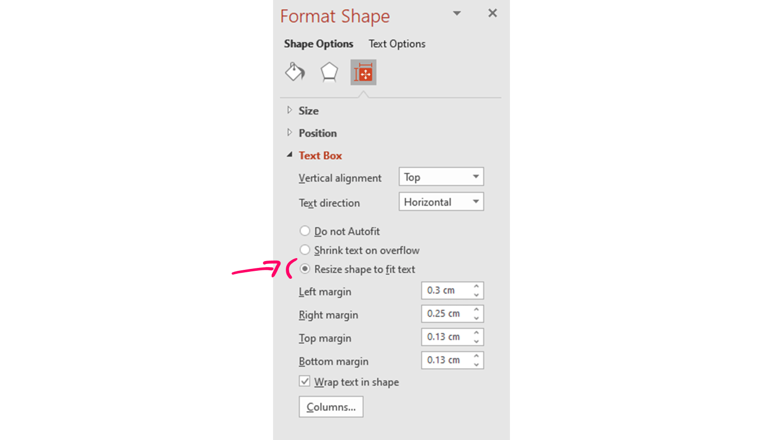 Annotated PowerPoint Format Shape options screenshot with "Resize shape to fit text" selected