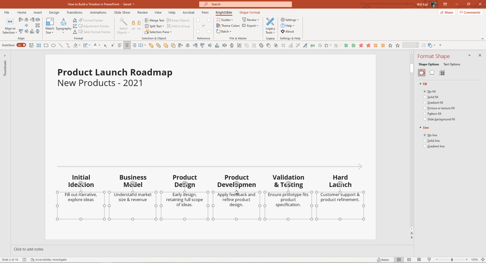 Screenshot of PowerPoint in edit mode, showing the same slide a previously, with an additional text box underneath each event heading.