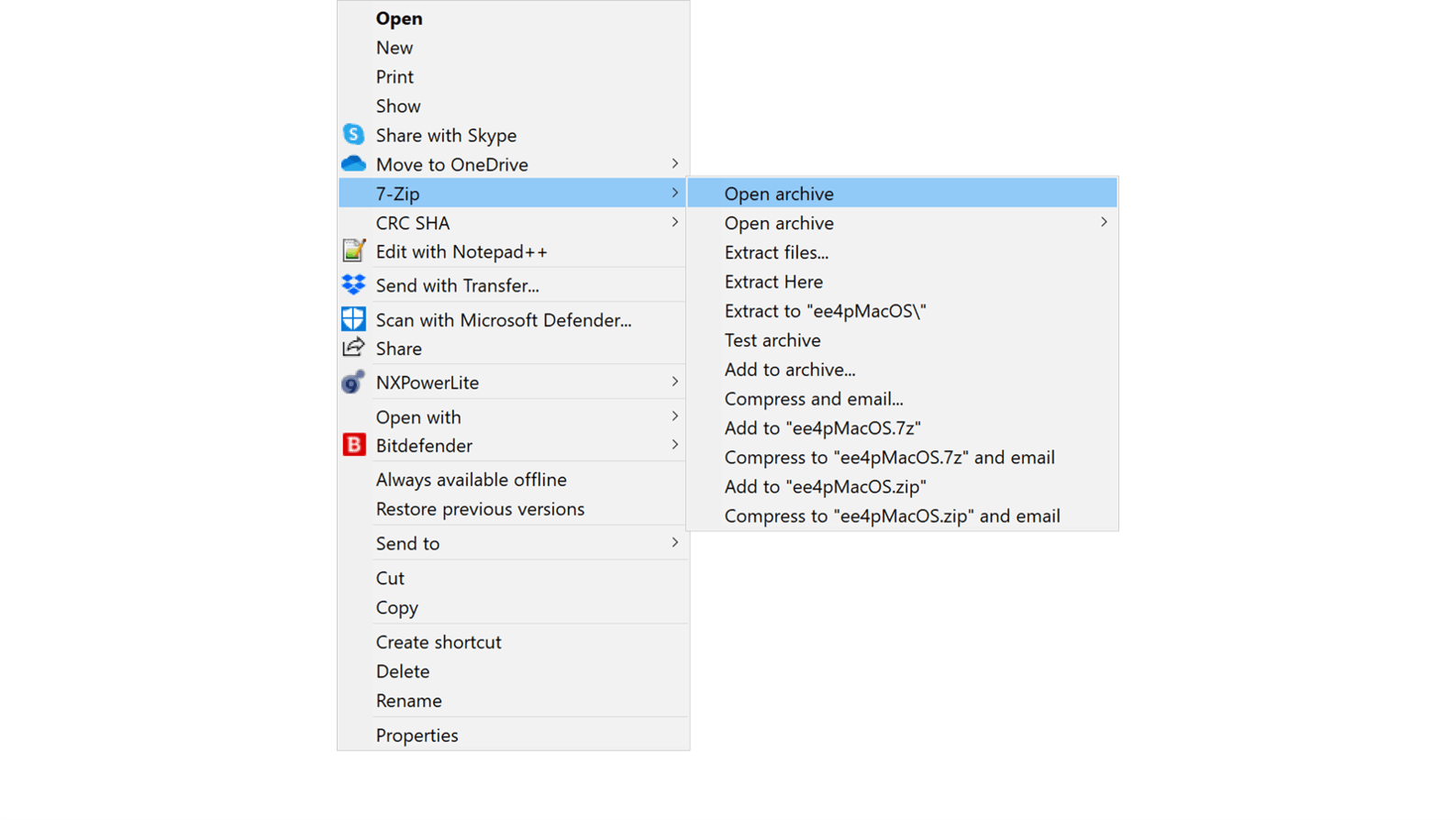 Screenshot of the right-click menu. '7-Zip' drop down menu is open.