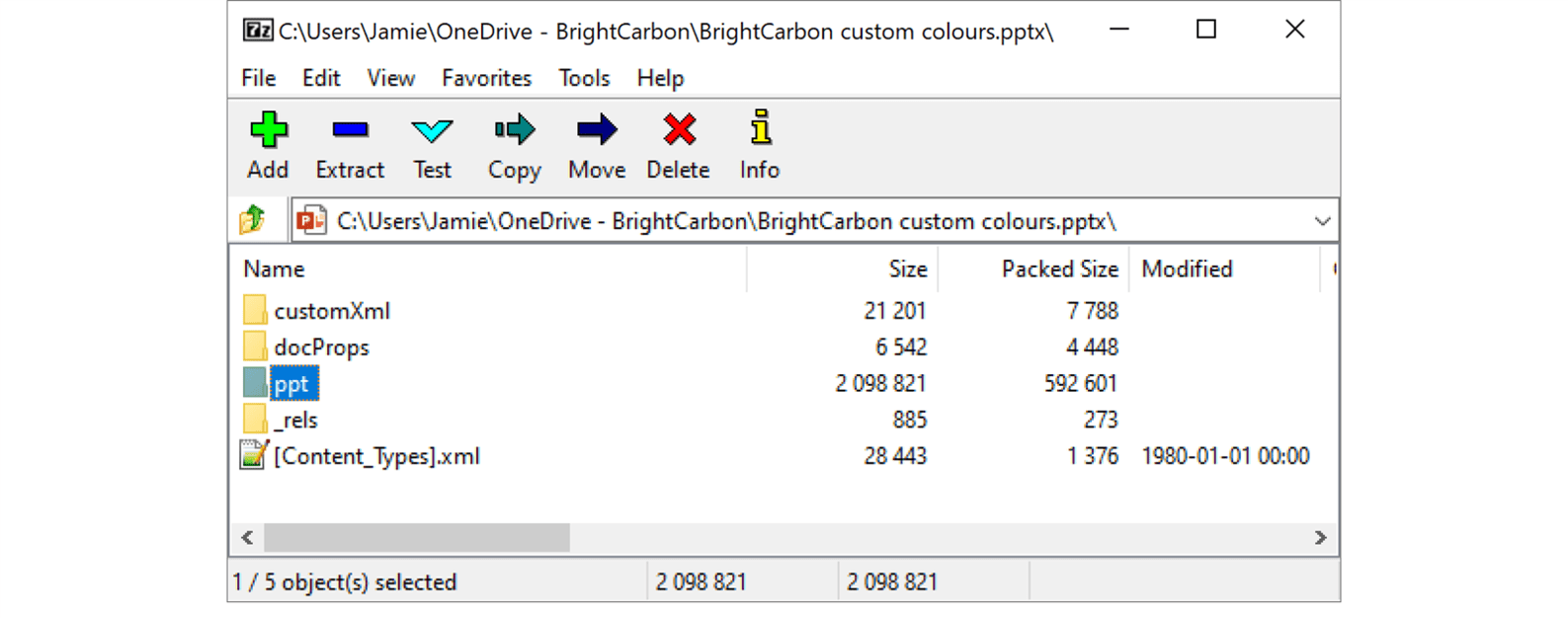 Screenshot showing folders; customXml, docProps, ppt, _rels. Ppt is selected.