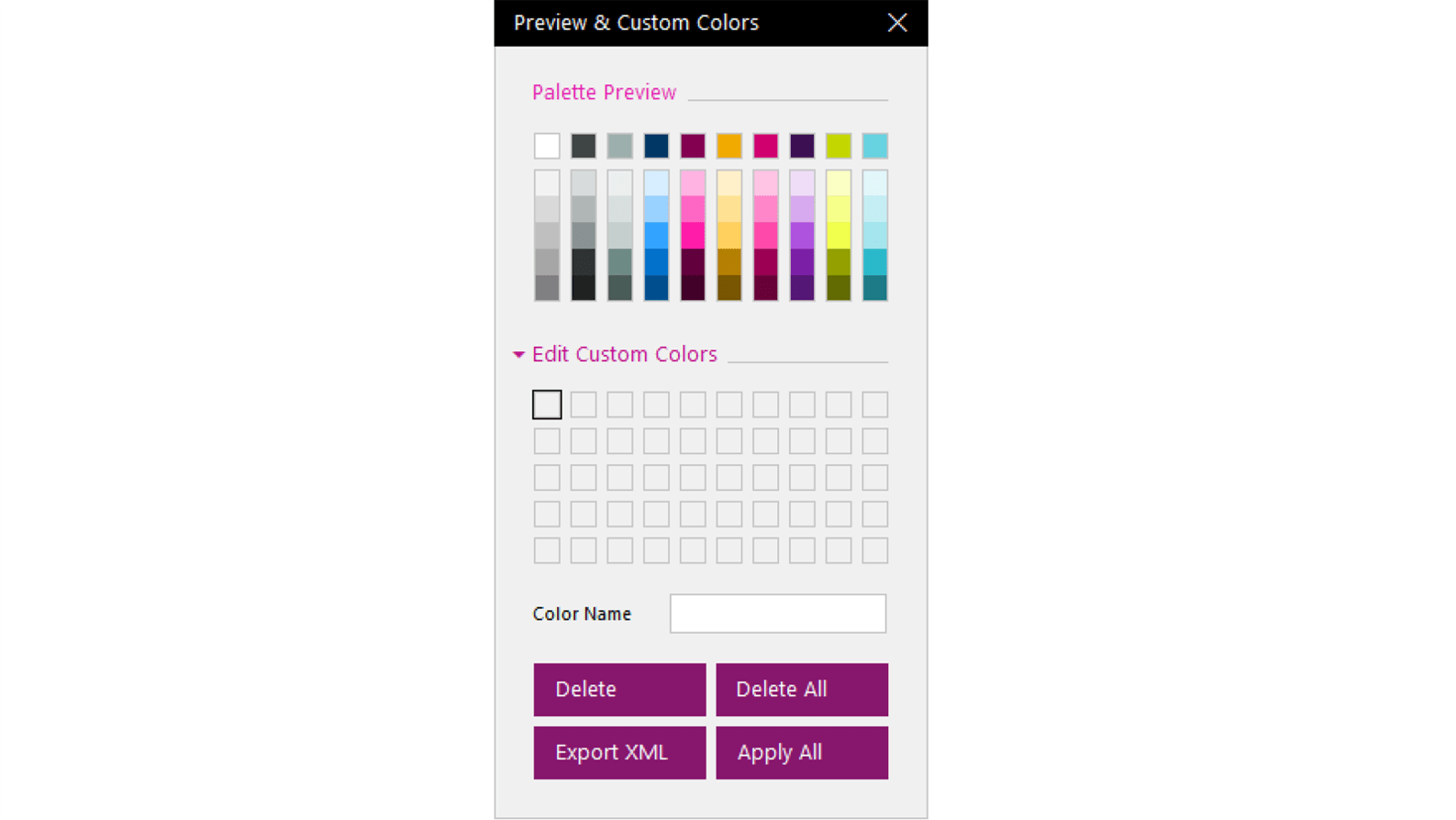 Screenshot of the BrightCarbon Preview & Custom Colors pop-up showing where you can enter a colour name