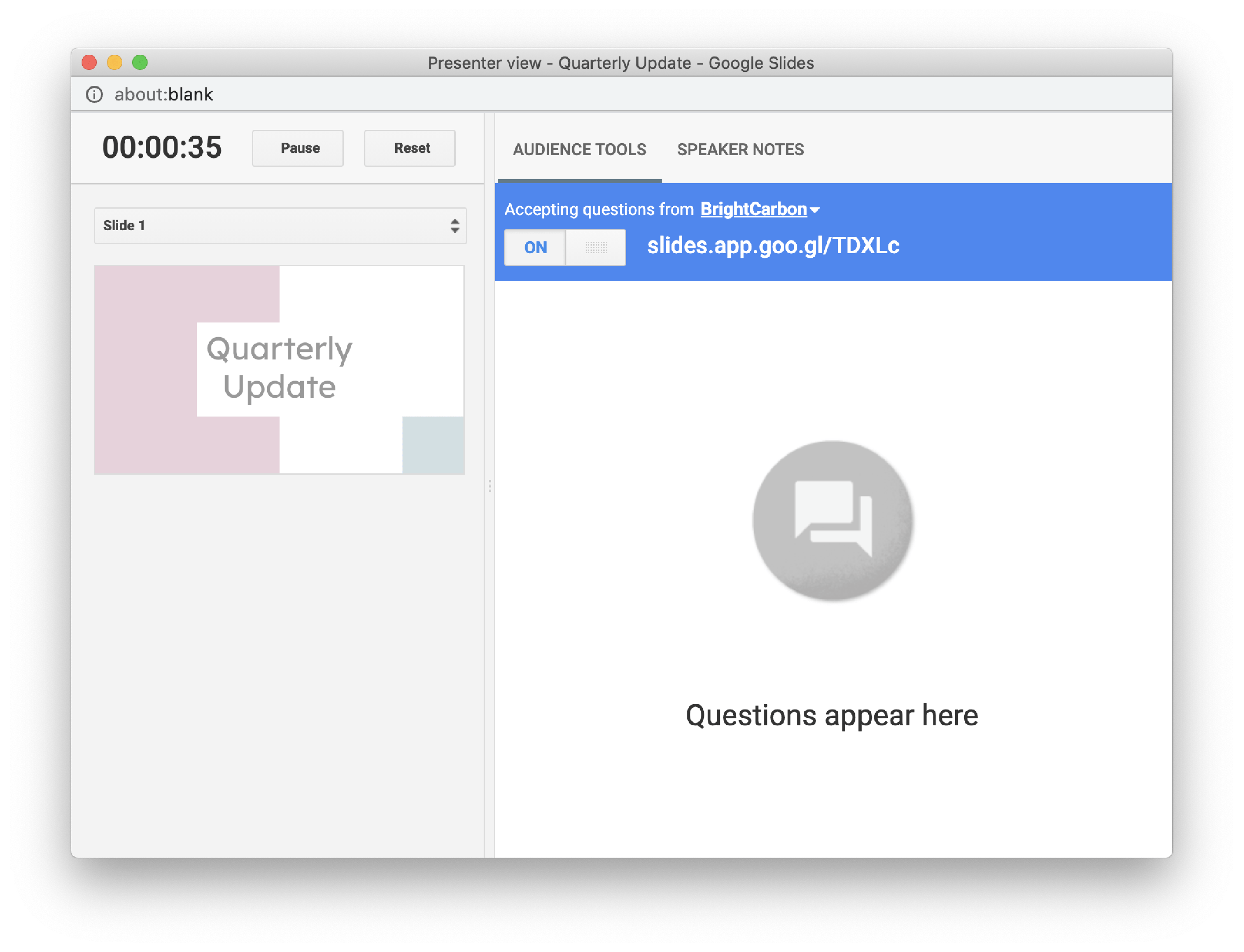 Screenshot of Presenter View with the Q&A tool running