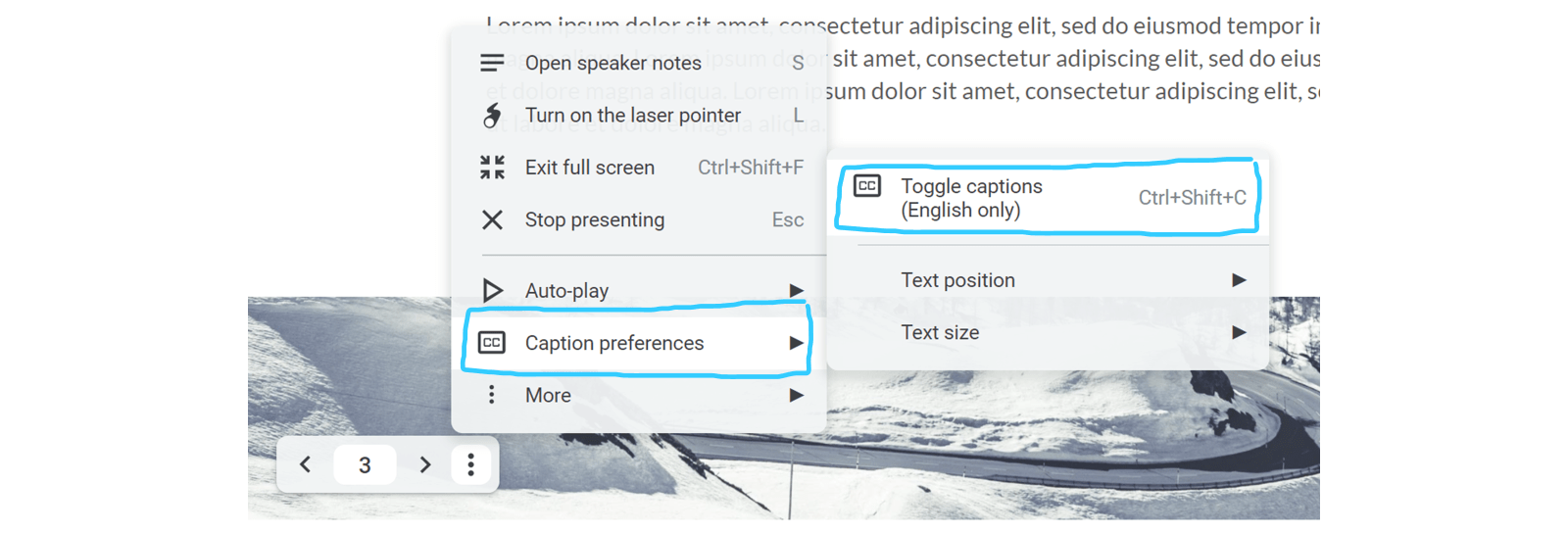 Screenshot of the Google Slides captions options