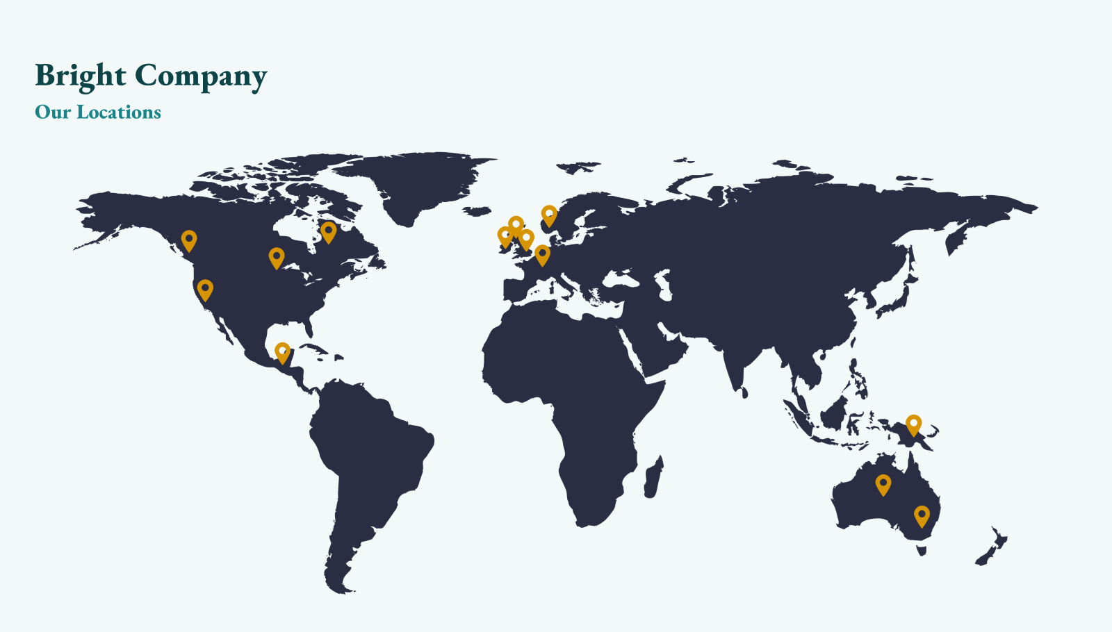 Screenshot of a PowerPoint slide with a map filling the space. Title: Bright Company Our Locations.