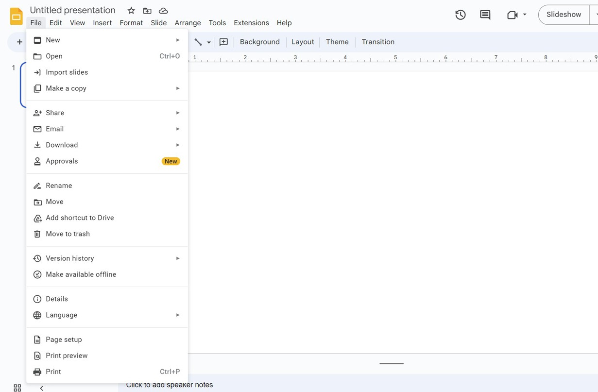 Screenshot of the full 'File' tab expanded in Google Slides
