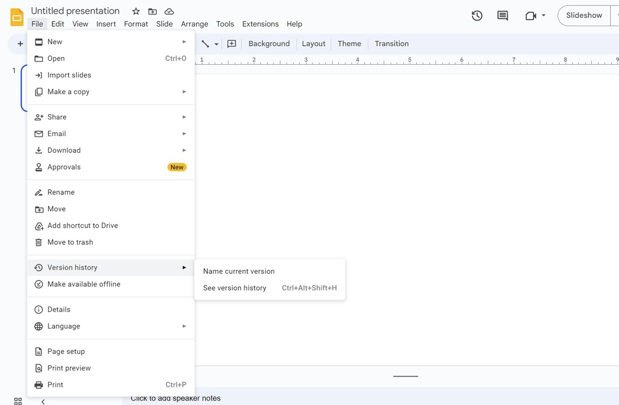 Screenshot of the full 'File' tab expanded in Google Slides, with the 'Version history' tab highlighted