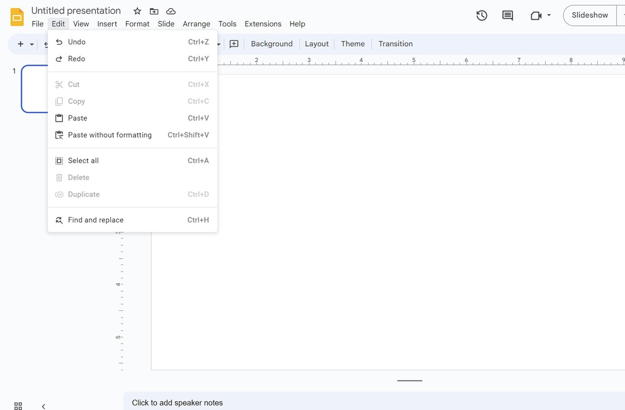 Screenshot of the full 'Edit' tab expanded in Google Slides