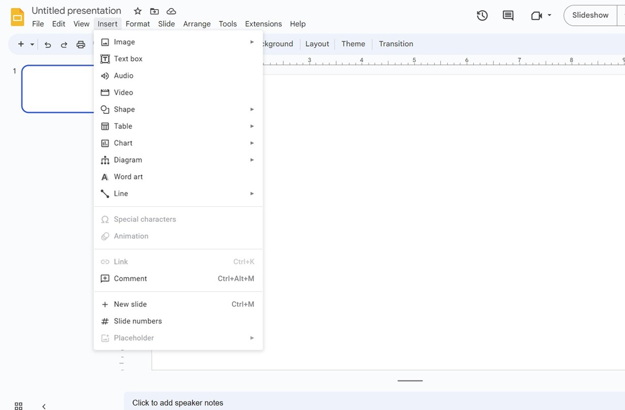 Screenshot of the full 'Insert' tab expanded in Google Slides