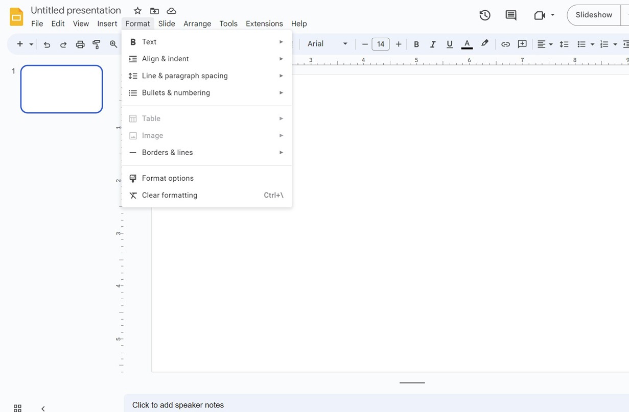 Screenshot of the full 'Format' tab expanded in Google Slides