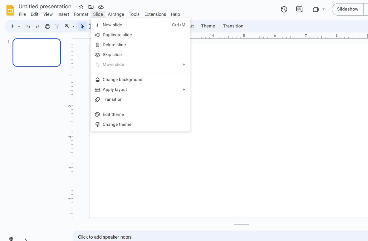 Screenshot of the full 'Slide' tab expanded in Google Slides