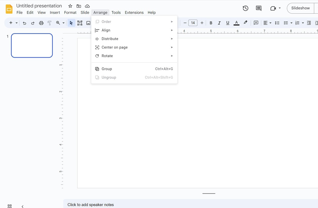 Screenshot of the full 'Arrange' tab expanded in Google Slides