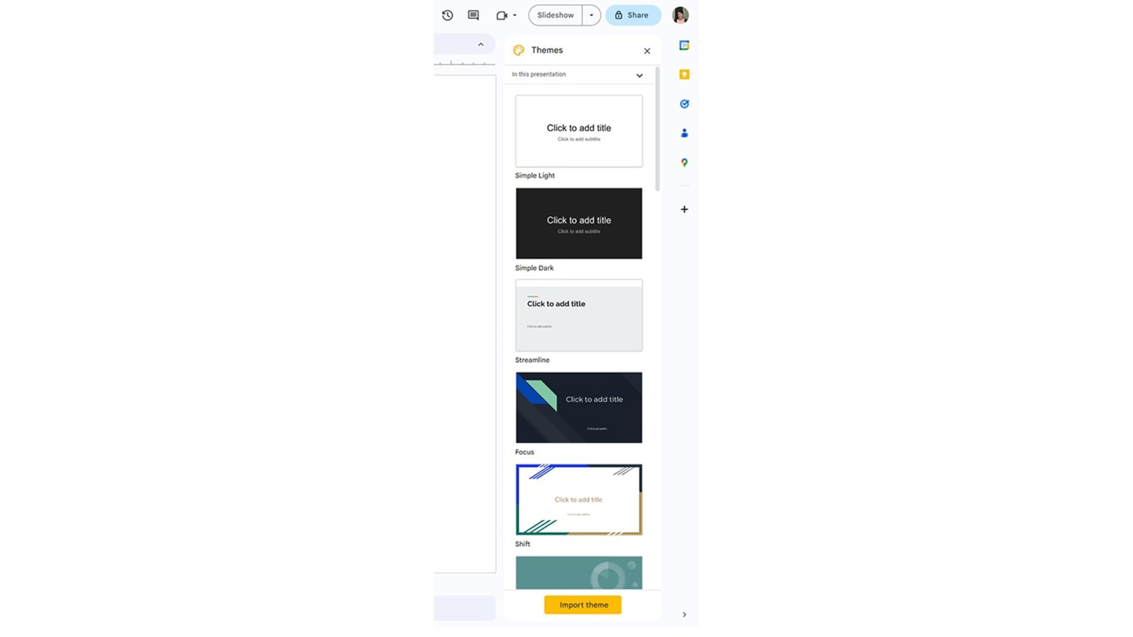 Screenshot of the Google Slides theme menu bar