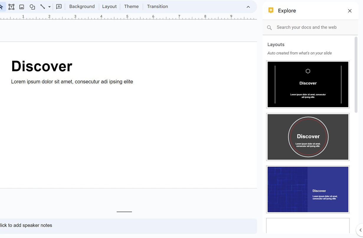 Screenshot of the Explore panel in Google Slides