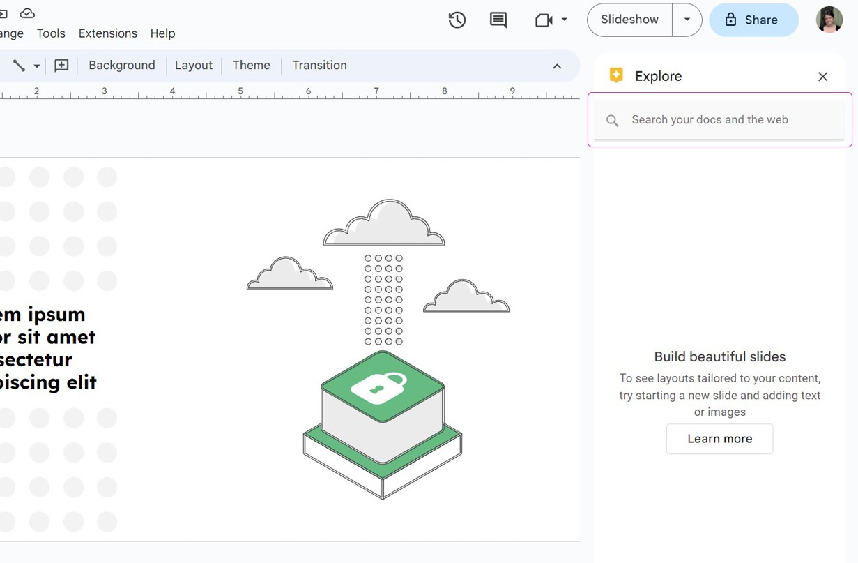 Screenshot highlighting the search bar in the Google Slides 'Explore' panel
