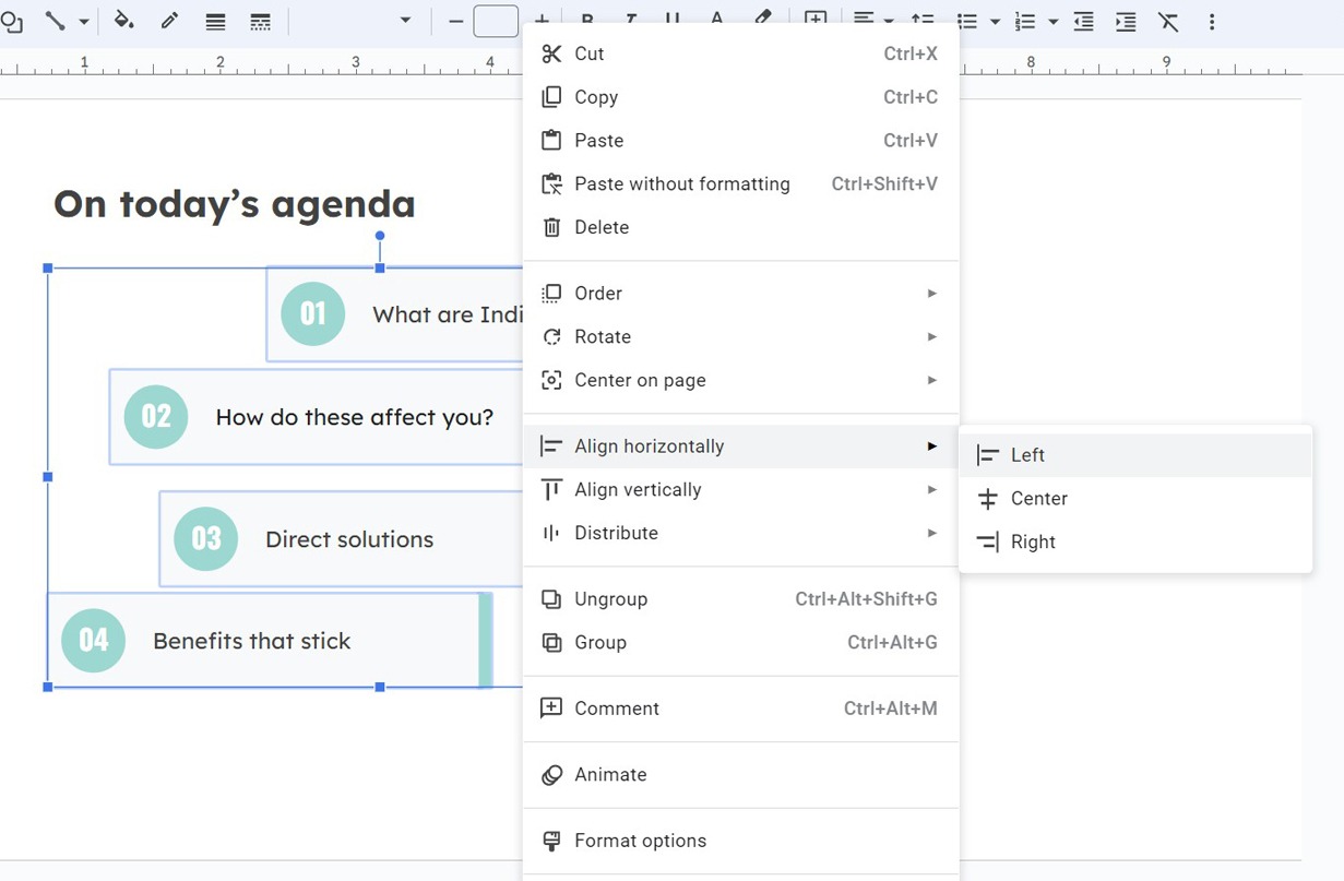 Screenshot of Google Slide's alignment options