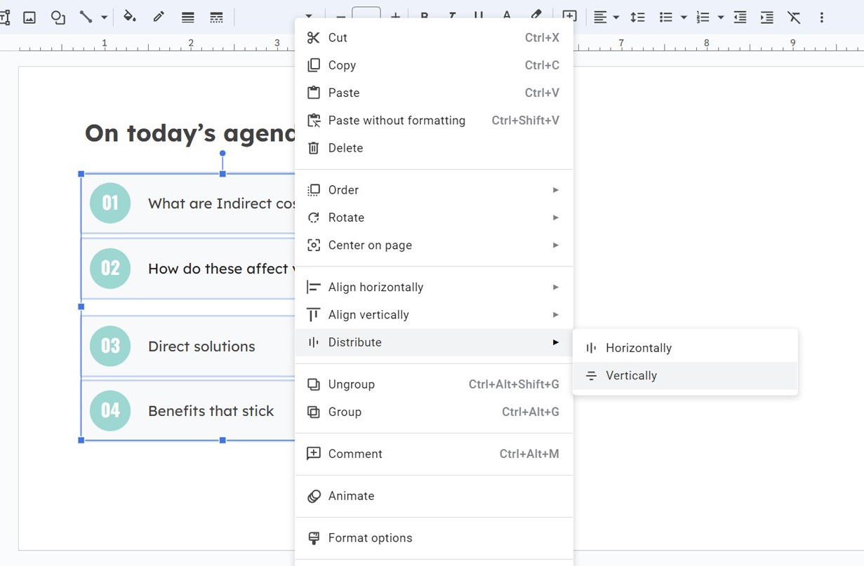 Screenshot of the 'Distribute' option being highlighted when right-clicking objects in Google Slides